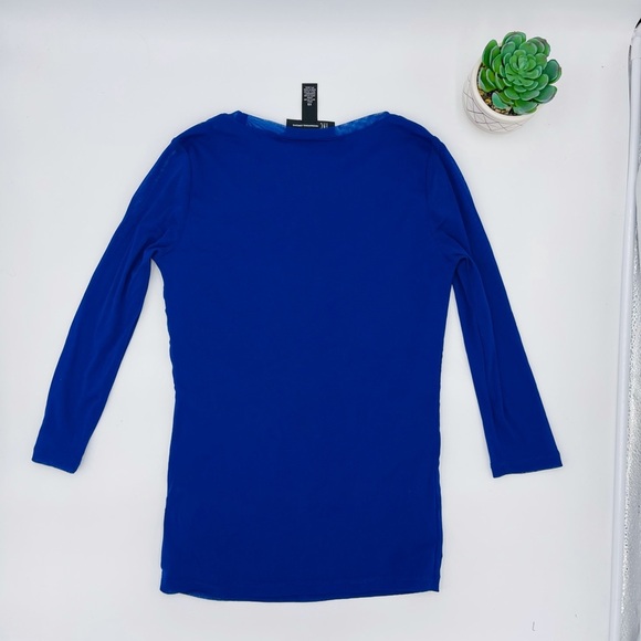 NWOT INC BLUE MID SLEEVE MESH EMBROIDERED ROYAL BLUE FITTED TOP - Picture 5 of 5